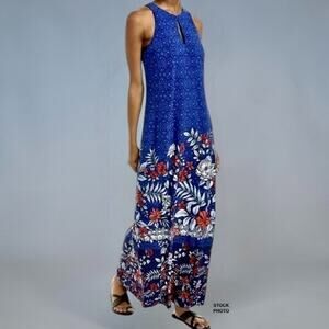 Tommy Bahama Geo Garden Maxi Dress XL Blue Floral Sleeveless Keyhole Stretch